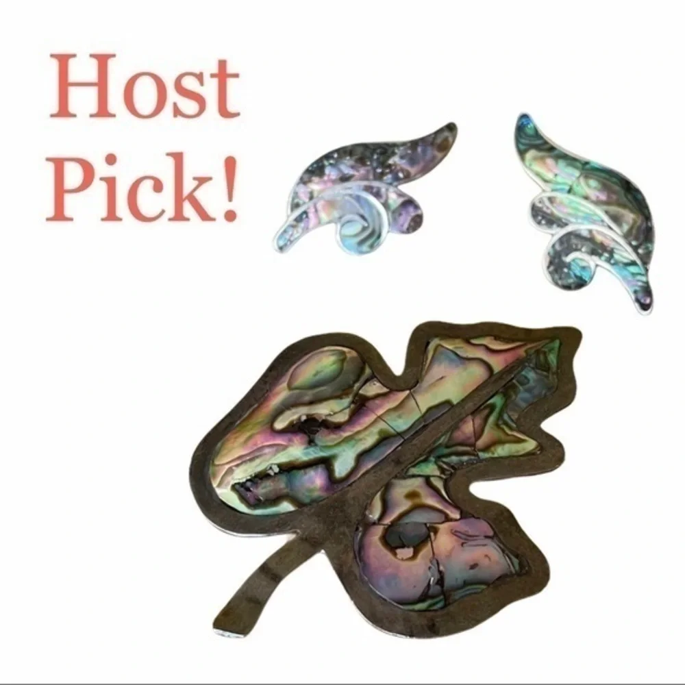 Vintage Taxco 925 Silver Abalone Shell Leaf Brooch Earrings Matching Jewelry Set